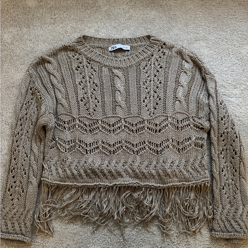 Zara Women's Beige Knit Sweater with Fringe
